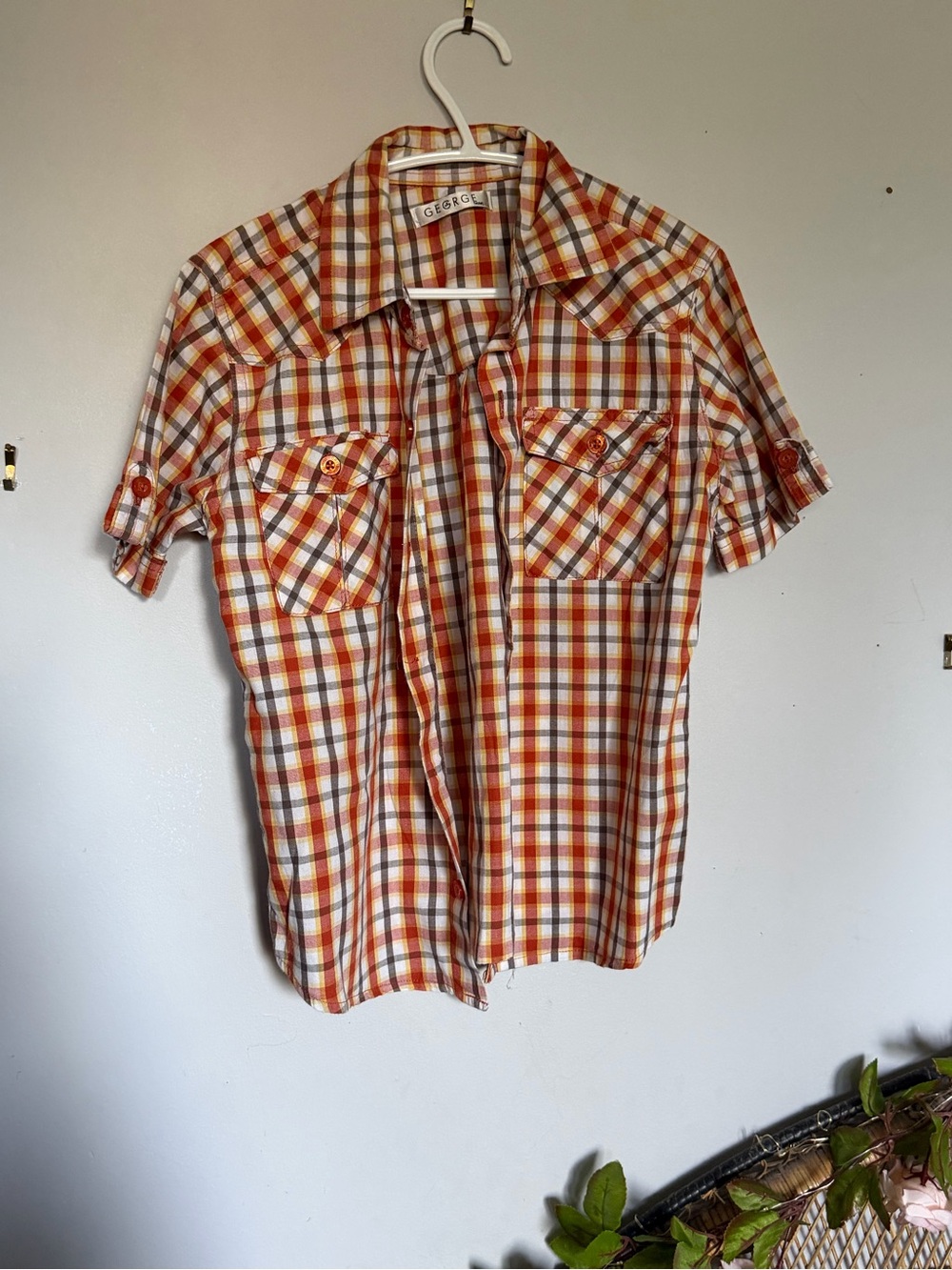 George Orange White and Brown Plaid Short-Sleeve Button-Down